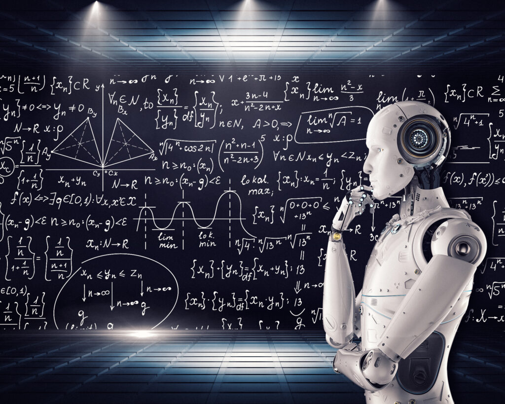 Humanoid robot looking thoughtfully at a blackboard covered in mathematical equations, representing AI decision-making complexity