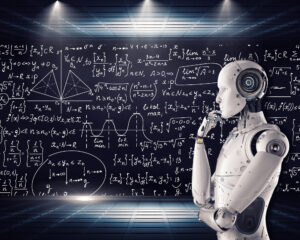 Humanoid robot looking thoughtfully at a blackboard covered in mathematical equations, representing AI decision-making complexity